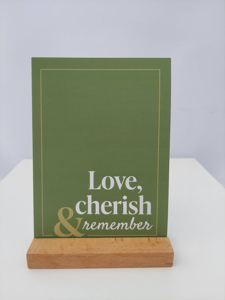 Love and cherish one-year remembrance card in sage green for pediatric patient