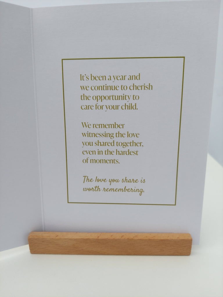 Love and cherish one-year remembrance card inside text